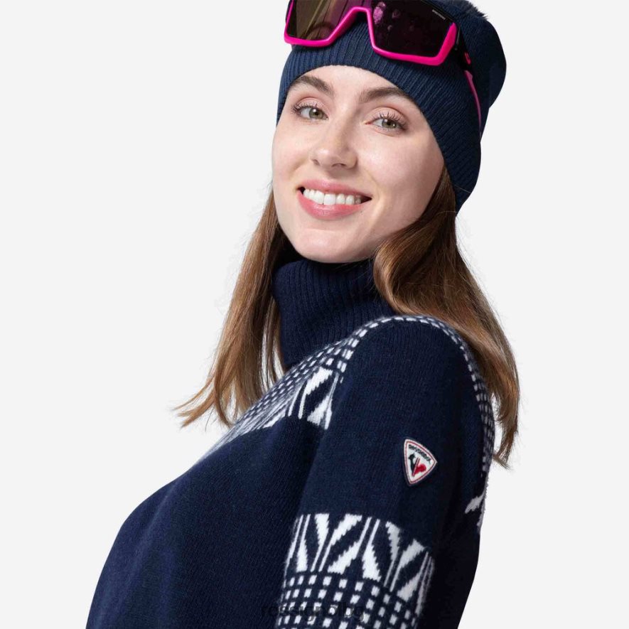 бг Rossignol Жени ретро плетен пуловер с висока яка тъмно синьо 68DD2T1041 върхове